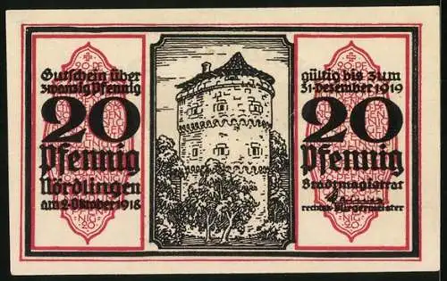 Notgeld Nördlingen 1918, 20 Pfennig, Blick auf den Turm