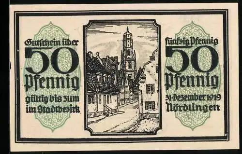 Notgeld Nördlingen 1918, 50 Pfennig, Ortspartie mit der Kirche