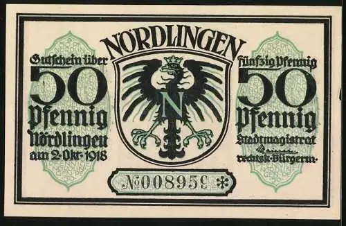 Notgeld Nördlingen 1918, 50 Pfennig, Ortspartie mit der Kirche