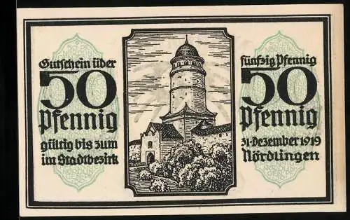 Notgeld Nördlingen 1918, 50 Pfennig, Stadttor mit Turm
