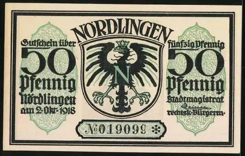 Notgeld Nördlingen 1918, 50 Pfennig, Stadttor mit Turm