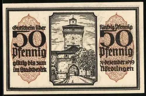 Notgeld Nördlingen 1918, 50 Pfennig, Blick durch das Stadttor