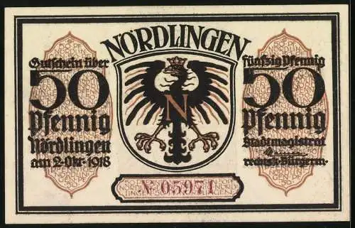 Notgeld Nördlingen 1918, 50 Pfennig, Frontalansicht des Stadttors