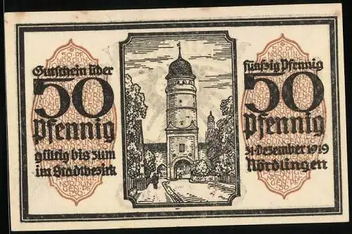 Notgeld Nördlingen 1918, 50 Pfennig, Blick zum Torturm