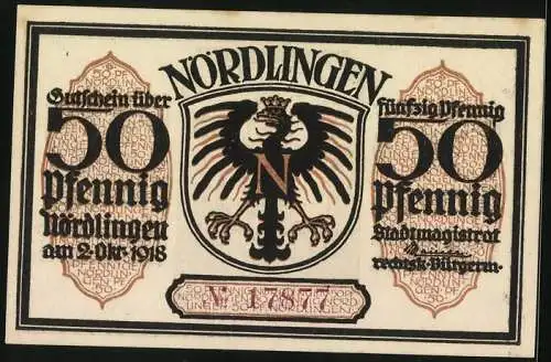 Notgeld Nördlingen 1918, 50 Pfennig, Blick zum Torturm