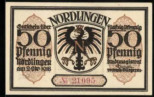 Notgeld Nördlingen 1918, 50 Pfennig, Strassenpartie mit Blick zur Kirche
