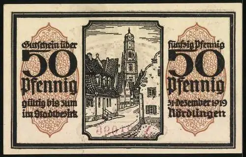Notgeld Nördlingen 1918, 50 Pfennig, Strassenpartie mit Blick zur Kirche