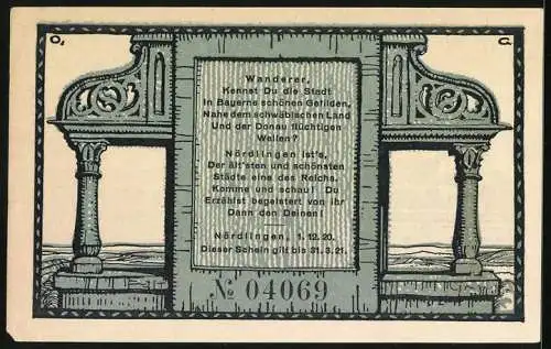 Notgeld Nördlingen 1920, 50 Pfennig, Regenbogen über der Stadt