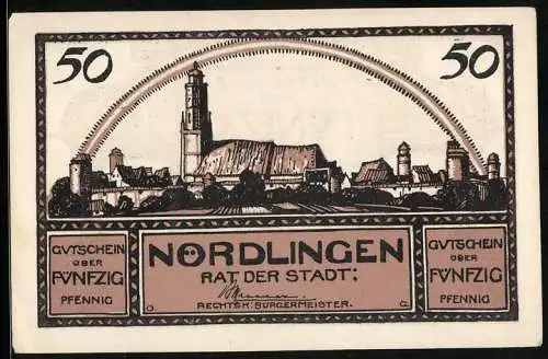 Notgeld Nördlingen 1920, 50 Pfennig, Ein Regenbogen über der Stadt