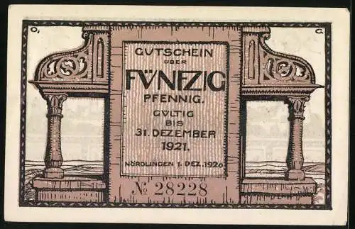 Notgeld Nördlingen 1920, 50 Pfennig, Ein Regenbogen über der Stadt