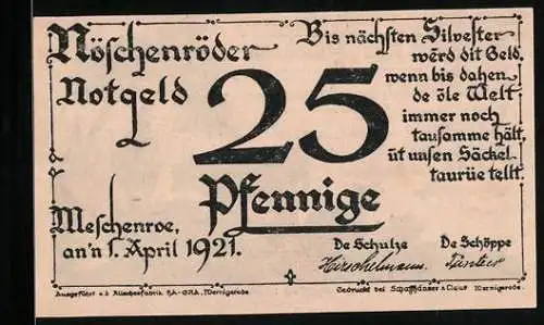 Notgeld Nöschenrode 1921, 25 Pfennig, Hirte mit zwei Rindern