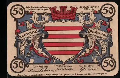 Notgeld Nöschenrode 1921, 50 Pfennig, Drei feiernde Menschen