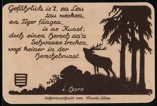Notgeld Nöschenrode 1921, 75 Pfennig, Ein röhrender Hirsch am Waldrand