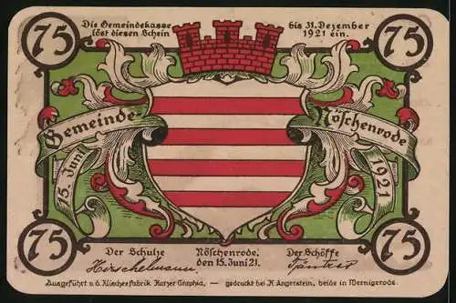 Notgeld Nöschenrode 1921, 75 Pfennig, Ein röhrender Hirsch am Waldrand