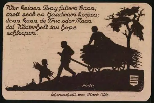 Notgeld Nöschenrode 1921, 75 Pfennig, Ein Bauer und seine Kinder mit einem Karren Stroh