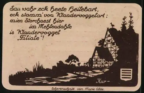 Notgeld Nöschenrode 1921, 25 Pfennig, Wanderer am Kurhaus am Fluss