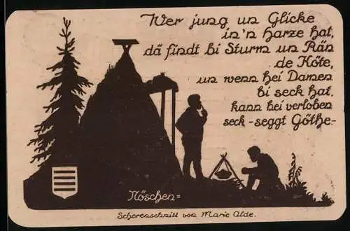Notgeld Nöschenrode 1921, 50 Pfennig, Zwei Waidmänner am Zelt