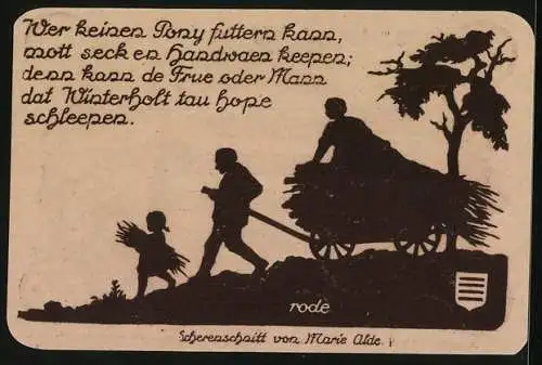 Notgeld Nöschenrode 1921, 75 Pfennig, Ein Mann mit seinen Kindern und einem Karren Stroh