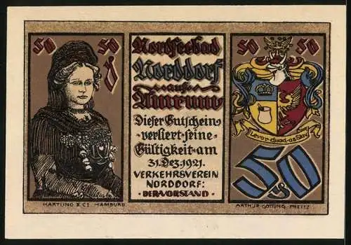 Notgeld Norddorf, 75 Pfennig, Ortsansicht mit Friesenhäusern