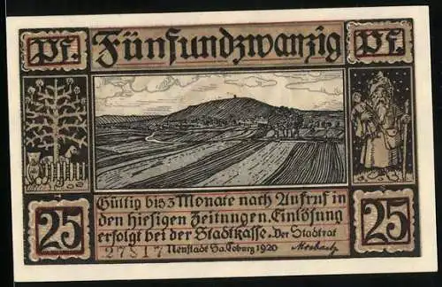 Notgeld Neustadt /Sa. Coburg 1920, 25 Pfennig, Ortsansicht über Felder