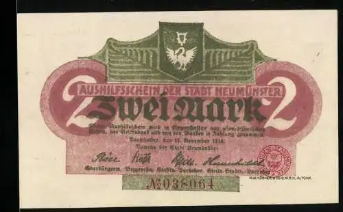 Notgeld Neumünster 1918, 2 Mark, Kontroll-Nr. 038064
