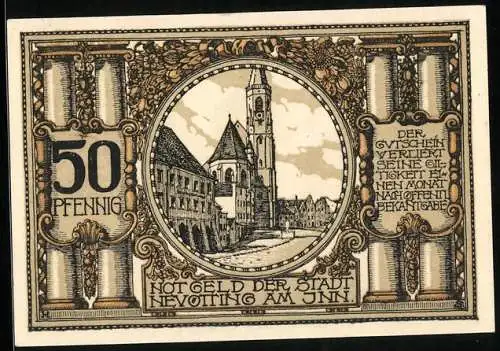 Notgeld Neuötting am Inn, 50 Pfennig, Blick zur Kirche