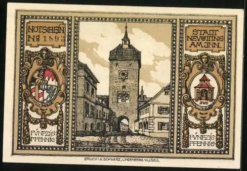 Notgeld Neuötting am Inn, 50 Pfennig, Blick zur Kirche