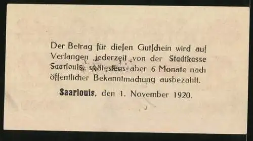 Notgeld Saarlouis 1920, 50 Pfennig, Kontroll-Nr. 79675