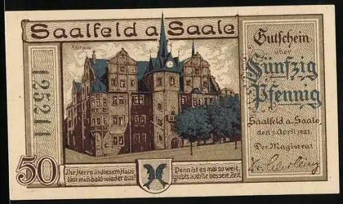 Notgeld Saalfeld a. Saale 1921, 50 Pfennig, Die Steuerschraube