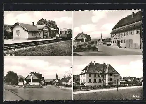 AK Linsenhofen, Gasthof zur Linde, Bahnhof, Schule