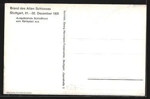 AK Stuttgart, Brand des Alten Schlosses 1931, Ausgebrannte Schlossfront