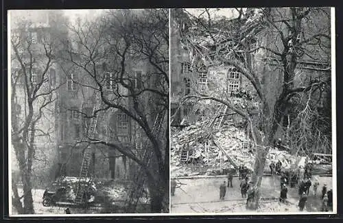 AK Stuttgart, Brand des Alten Schlosses 21.-22. Dezember 1931, vor und nach dem Einsturz