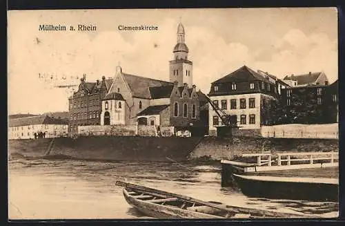 AK Mülheim a. Rhein, Clemenskirche mit Booten
