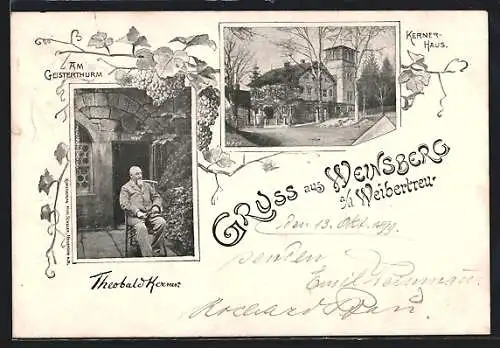 AK Weinsberg / Weibertreu, Theobald Kerner am Geisterturm, Kernerhaus