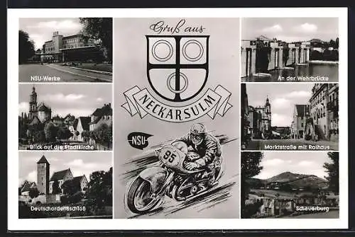 AK Neckarsulm, Motorrad mit Nr. 95, NSU-Werke, Deutschordensschloss