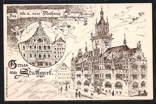 Lithographie Stuttgart, Altes und neues Rathaus