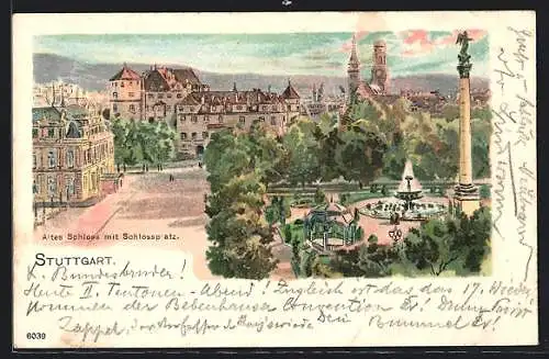 Lithographie Stuttgart, altes Schloss mit Schlossplatz