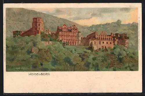Künstler-AK Heidelberg, Ortsansicht mit Burg