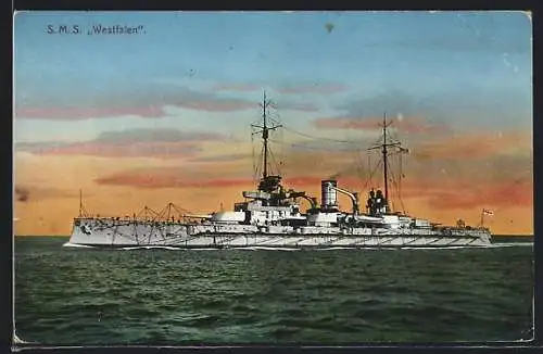 AK Kriegsschiff SMS Westfalen im Abendlicht
