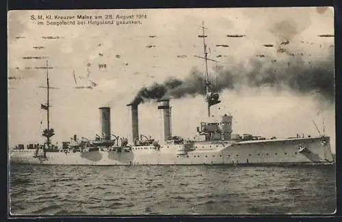 AK SM Kl. gesch. Kreuzer Mainz, 1914 bei Helgoland versenkt