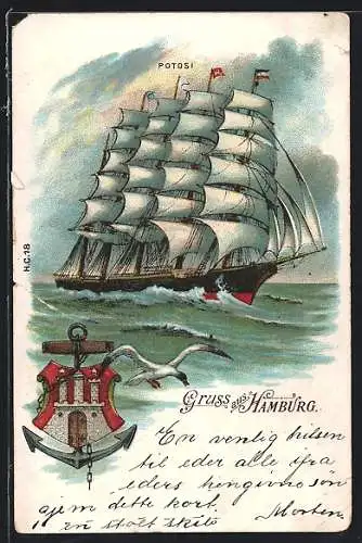 Lithographie Hamburg-Wappen und Segelschiff Potosi