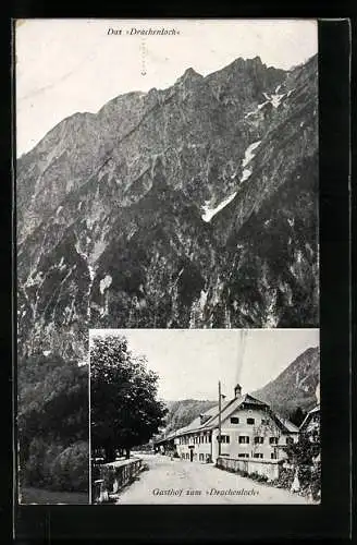 AK Grödig, Gasthof zum Drachenloch, Gebirgspanorama mit Drachenloch