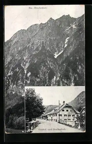 AK Grödig, Gasthof zum Drachenloch, Gebirgspanorama mit Drachenloch