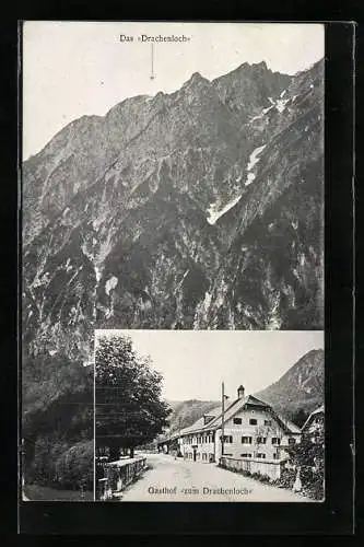 AK Grödig, Gasthof zum Drachenloch, Gebirgspanorama mit Drachenloch