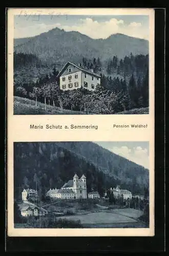 AK Maria Schutz am Semmering, Ortsansicht mit Wallfahrtskirche, Pension Waldhof