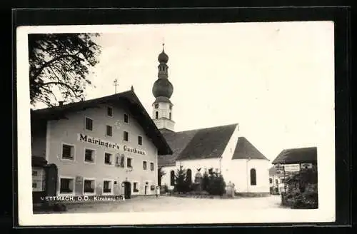 AK Mettmach /O. D., Mairingers Gasthaus, Kirche und Tankstelle