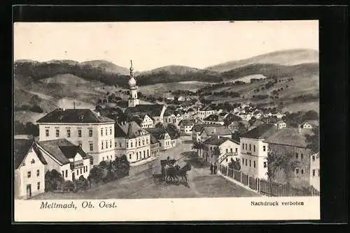 Künstler-AK Mettmach /Ob. Oest., Ortsansicht mit Hauptstrasse und Bergpanorama