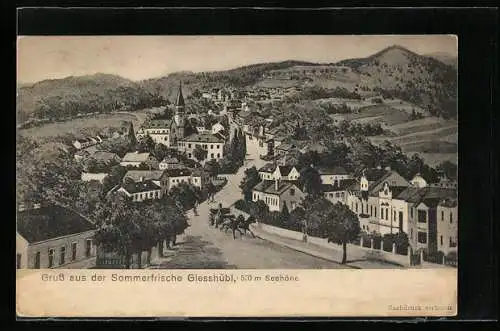 Künstler-AK Giesshübl, Ortsansicht mit Hauptstrasse und Panoramablick