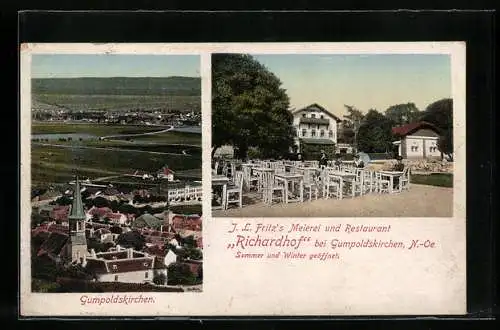 AK Gumpoldskirchen, J. L. Fritz`s Meierei und Restaurant Richardhof, Blick auf den Ort