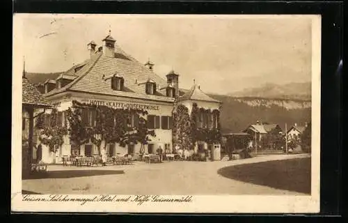AK Goisern /Salzkammergut, Hotel und Kaffee Goiserermühle K. Schenner mit Strasse und Bergblick